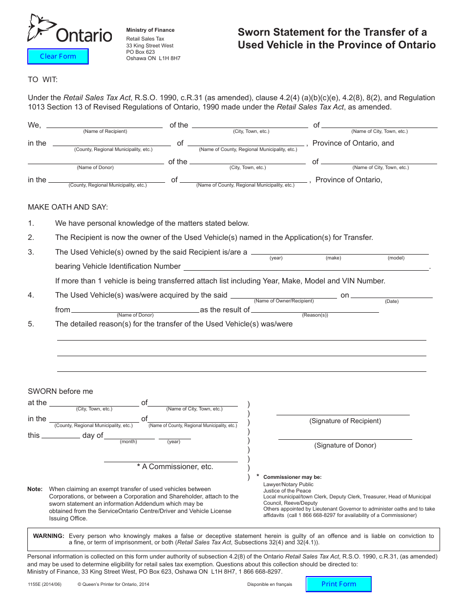 Form 1155E Sworn Statement for the Transfer of a Used Motor Vehicle in the Province of Ontario - Ontario, Canada, Page 1