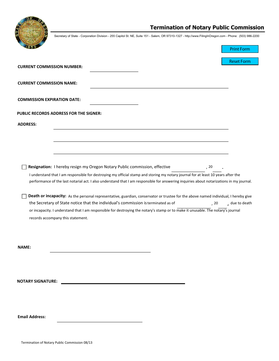 Oregon Termination of Notary Public Commission Fill Out, Sign Online