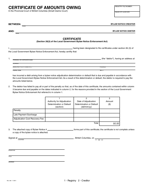 Form SCL840 Certificate of Amounts Owing - British Columbia, Canada
