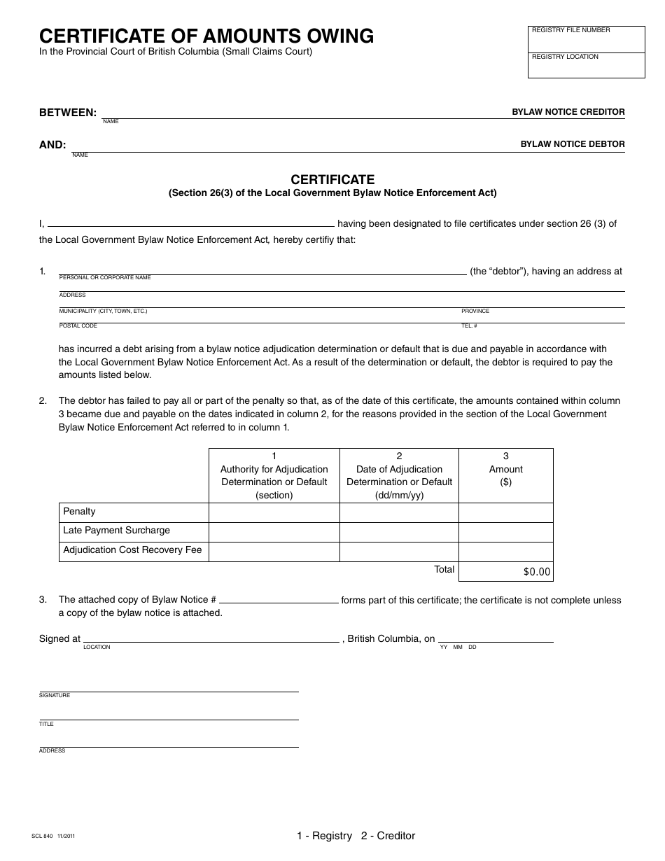 Form SCL840 Certificate of Amounts Owing - British Columbia, Canada, Page 1