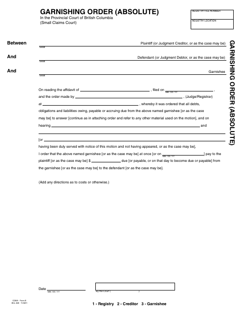 Form SCL839 (COEA Form E) Garnishing Order (Absolute) - British Columbia, Canada