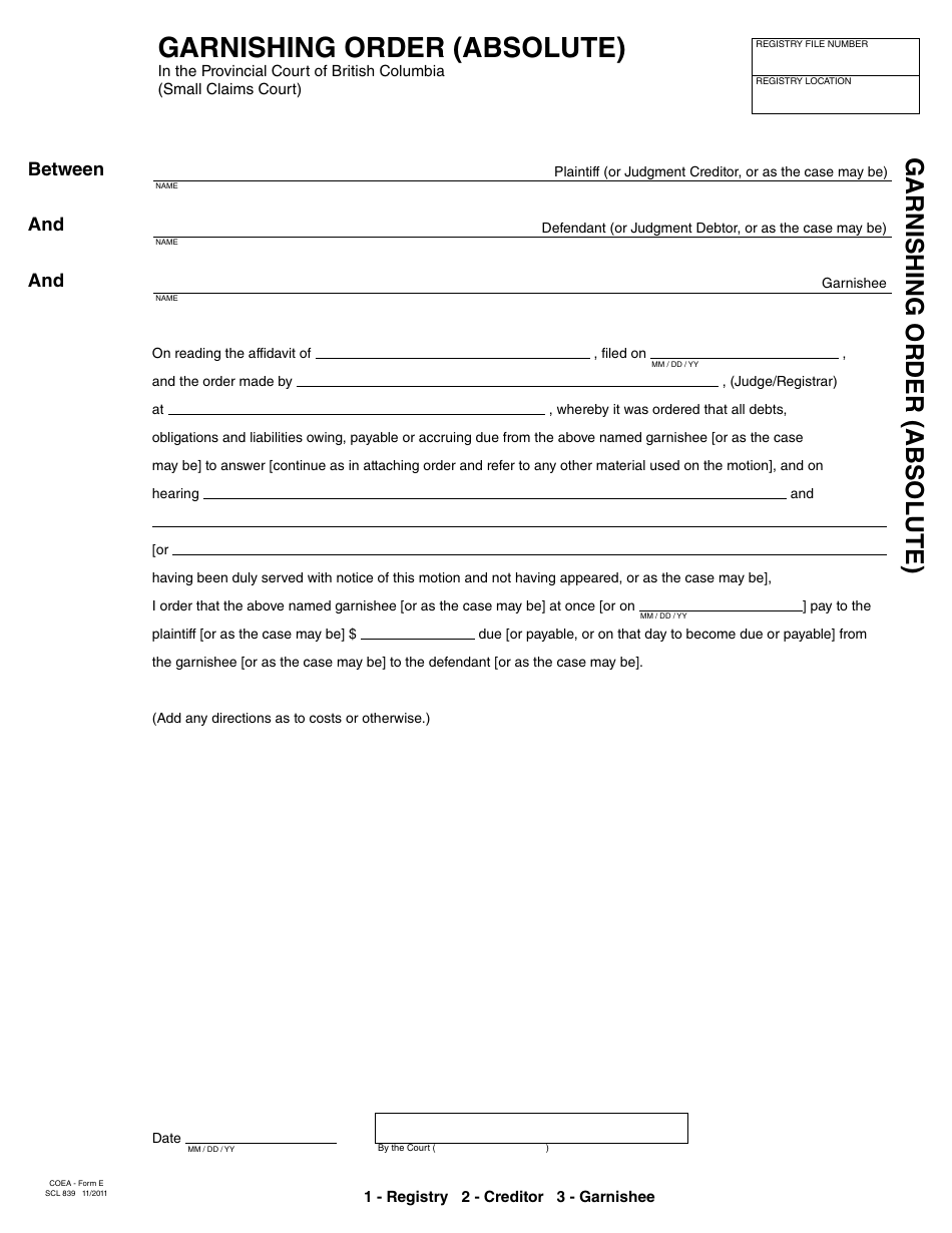 Form SCL839 (COEA Form E) Garnishing Order (Absolute) - British Columbia, Canada, Page 1