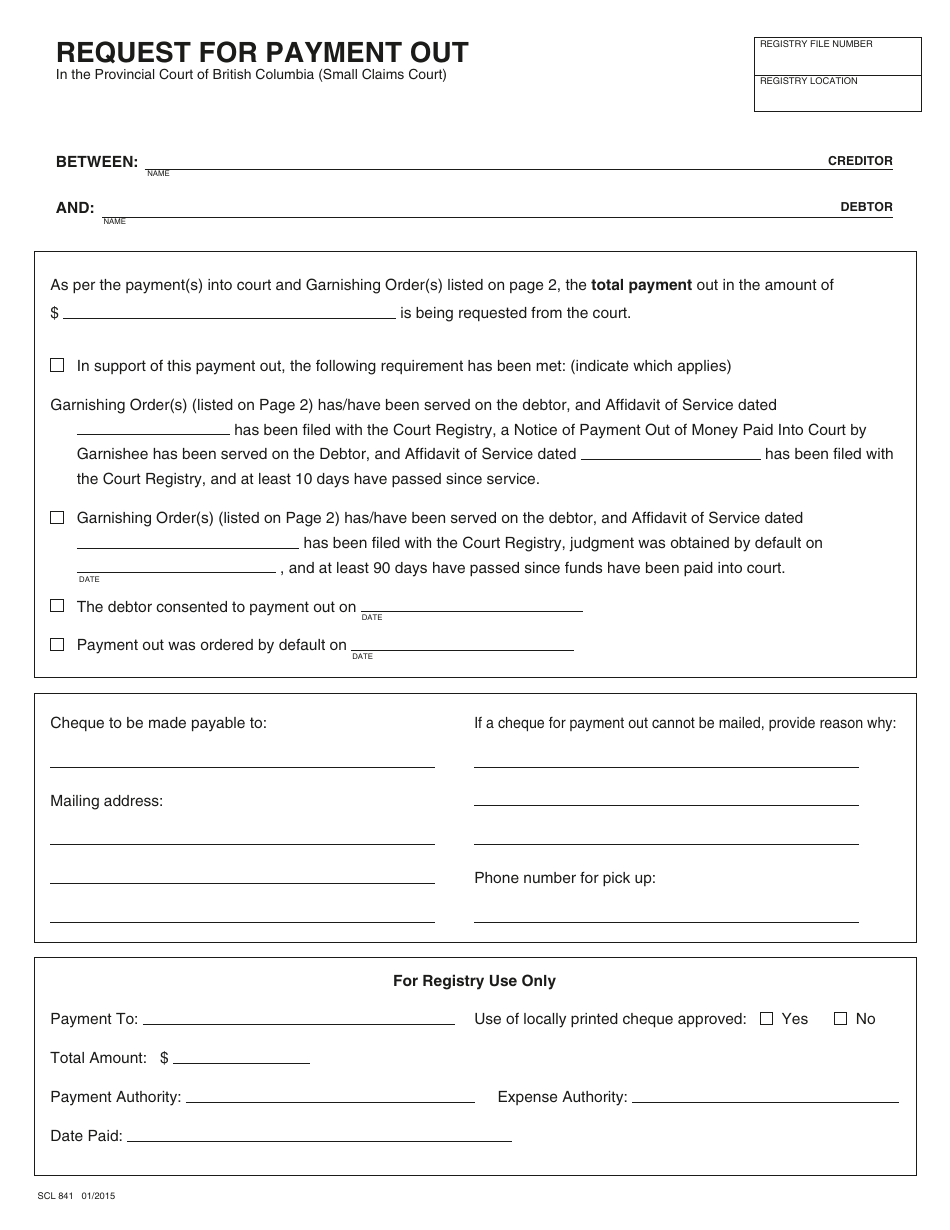 Form SCL841 Request for Payment out - British Columbia, Canada, Page 1