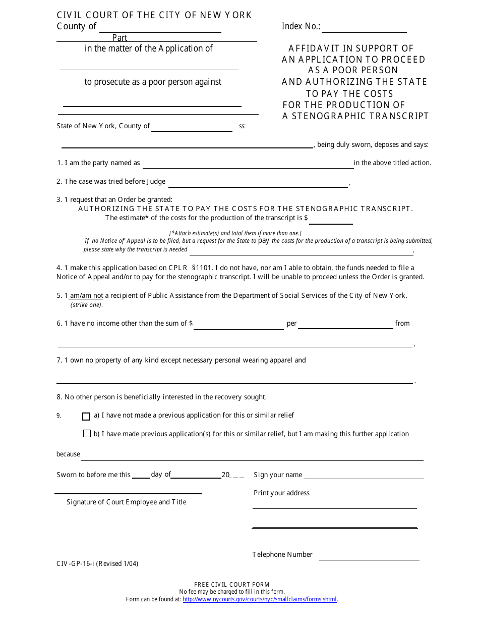 Form CIV-GP-16-I Affidavit in Support of an Application to Proceed as a Poor Person Authorizing the State to Pay the Costs for the Production of a Stenographic Transcript - New York City, Page 1