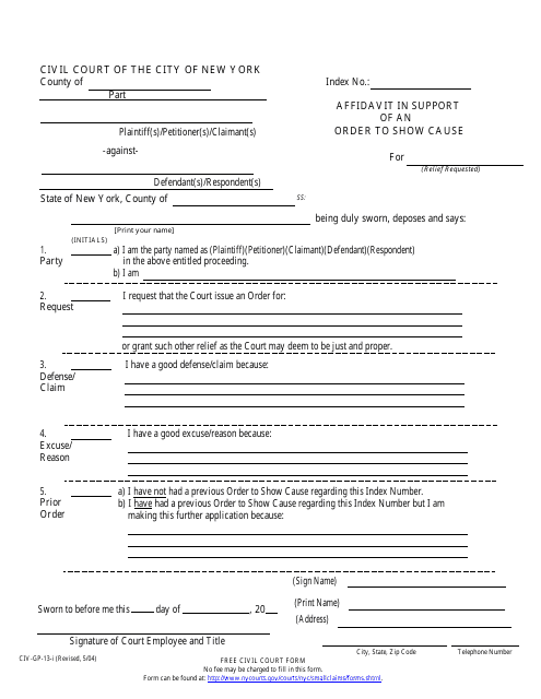 Form CIV-GP-13-I Affidavit in Support of an Order to Show Cause - New York City