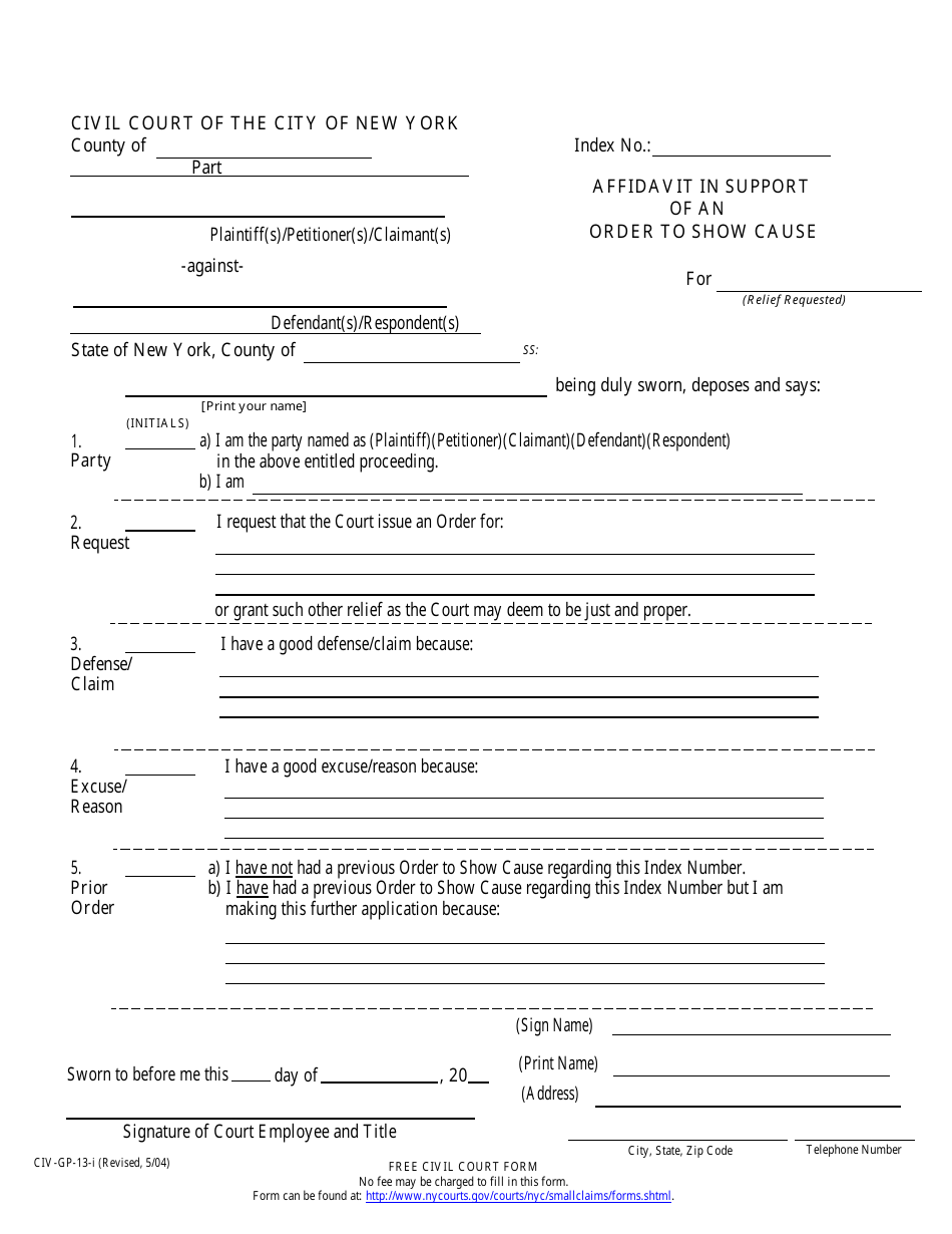 Form CIV-GP-13-I Affidavit in Support of an Order to Show Cause - New York City, Page 1