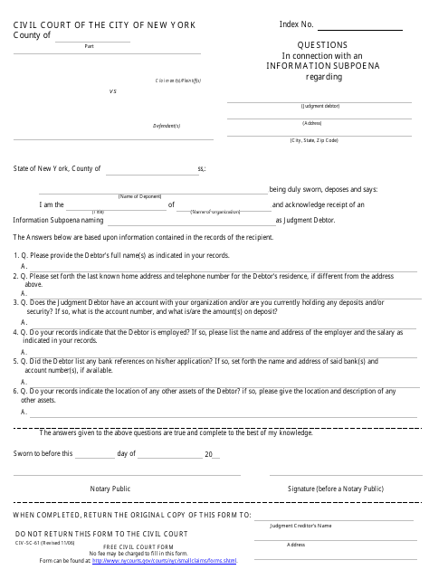 Form CIV-SC-61 Questions in Connection With an Information Subpoena - New York City