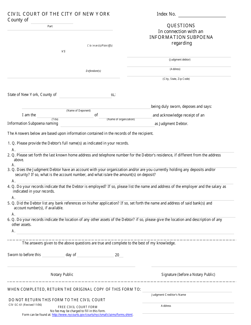 Form CIV-SC-61 Questions in Connection With an Information Subpoena - New York City, Page 1