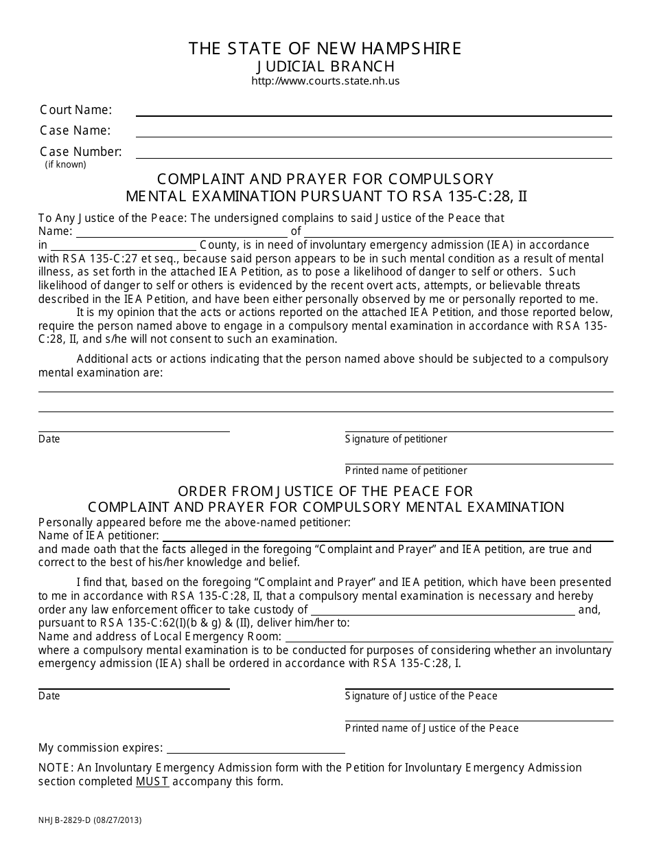 Form NHJB-2829-D Complaint and Prayer for Compulsory Mental Examination - New Hampshire, Page 1