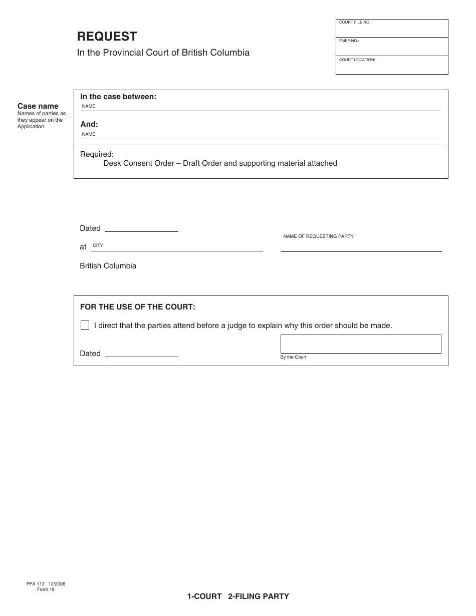 Form PFA112 (PCFR Form 18) Request - British Columbia, Canada, Page 1