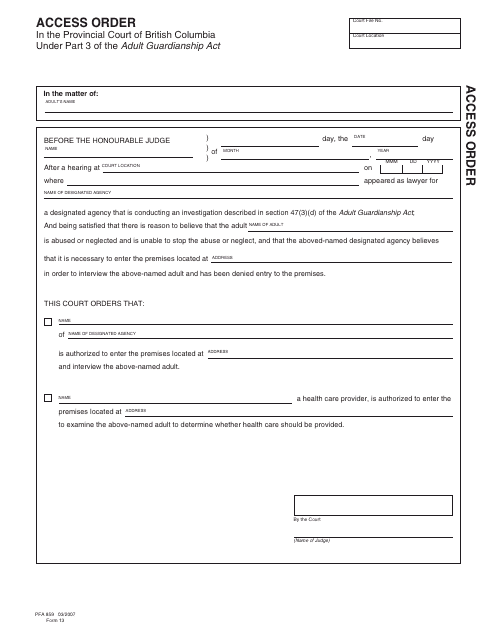 Form PFA859 (AGA Form 13) Access Order - British Columbia, Canada