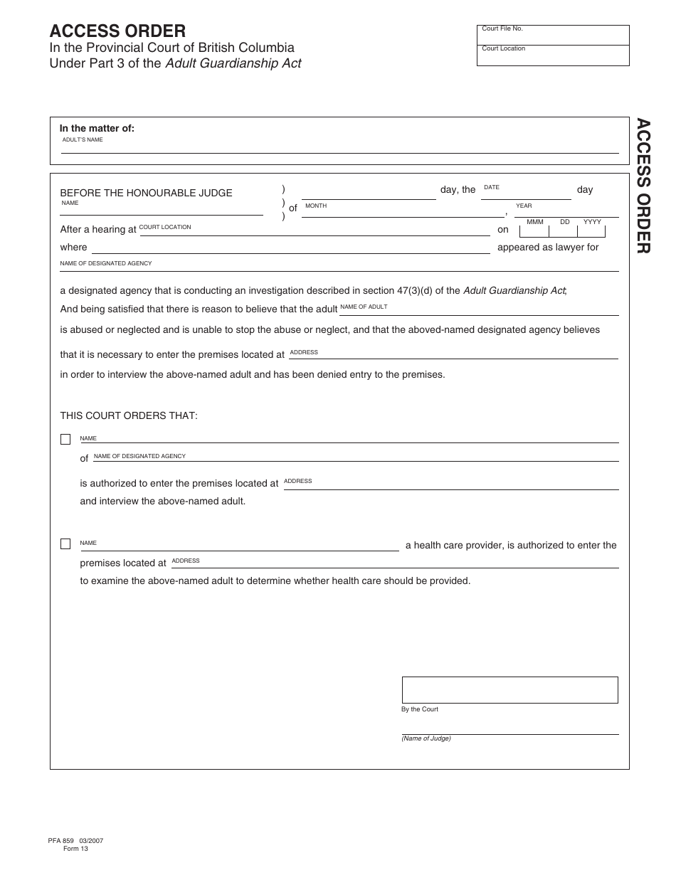 Form PFA859 (AGA Form 13) Access Order - British Columbia, Canada, Page 1