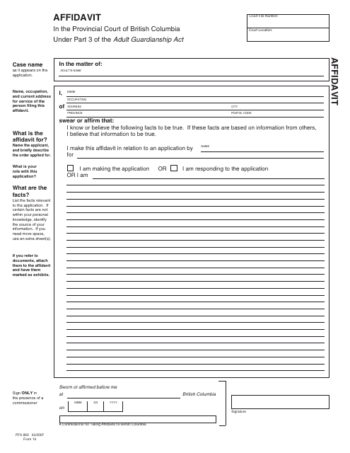 Form PFA850 (AGA Form 10) Affidavit - British Columbia, Canada