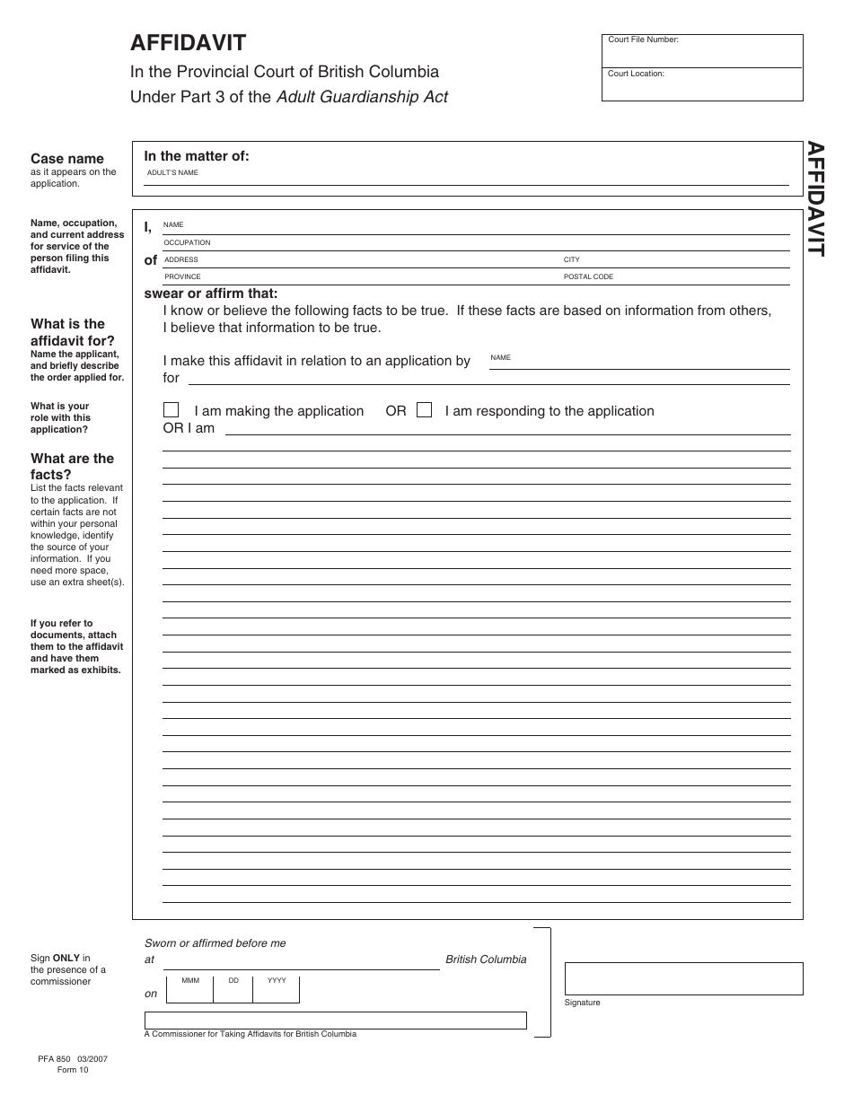 Form PFA850 (AGA Form 10) Affidavit - British Columbia, Canada, Page 1