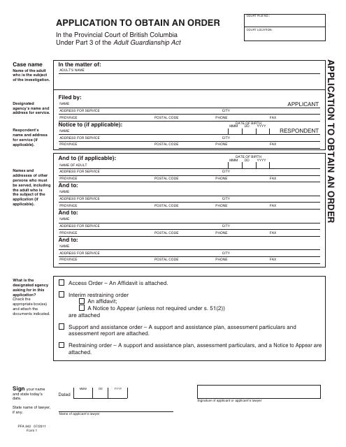 Form PFA842 (AGA Form 1) Application to Obtain an Order - British Columbia, Canada