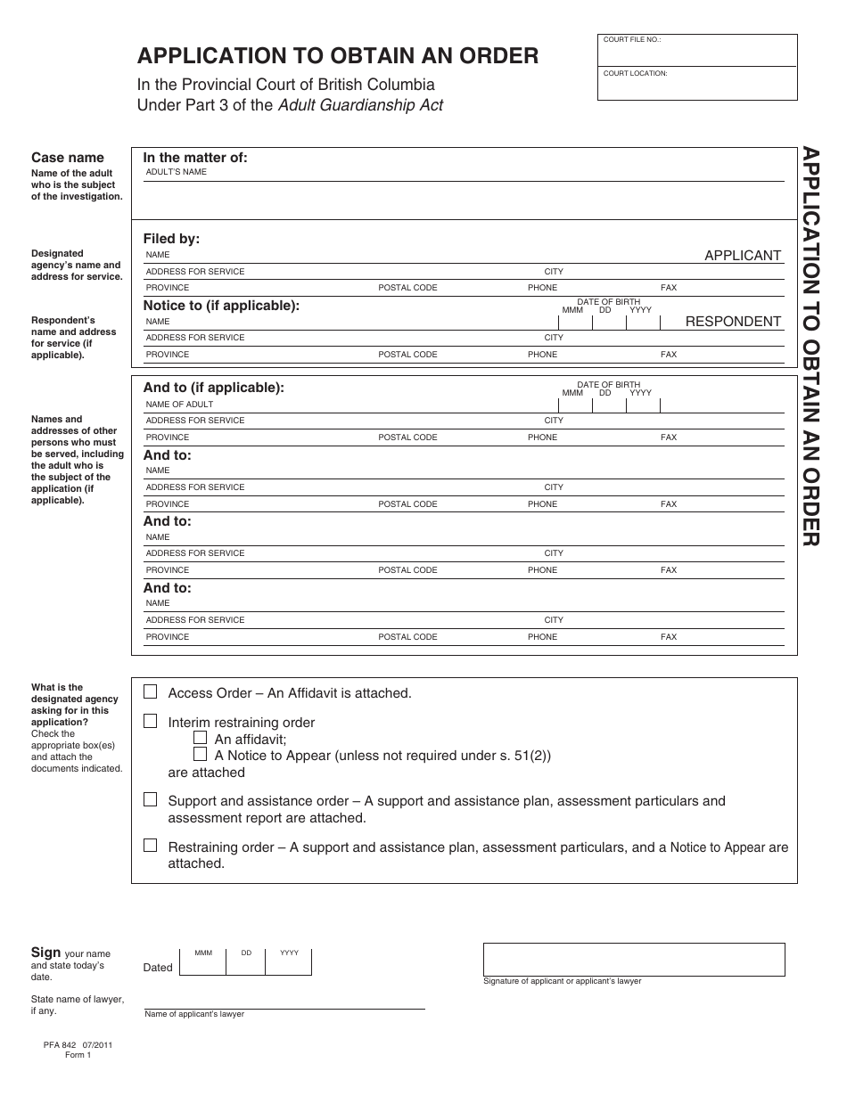 Form PFA842 (AGA Form 1) Application to Obtain an Order - British Columbia, Canada, Page 1
