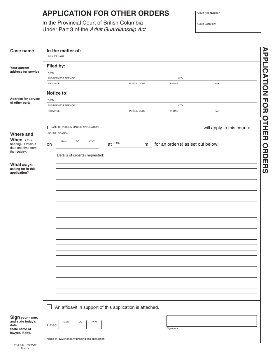 Form PFA844 (AGA Form 4) Application for Other Orders - British Columbia, Canada, Page 3