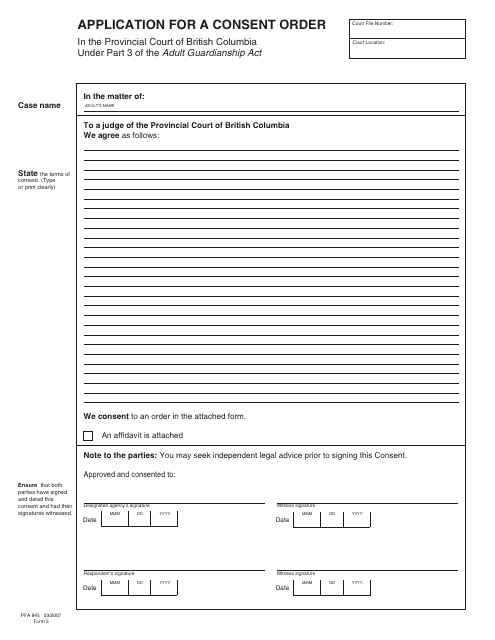 Form PFA845 (AGA Form 5) Application for a Consent Order - British Columbia, Canada