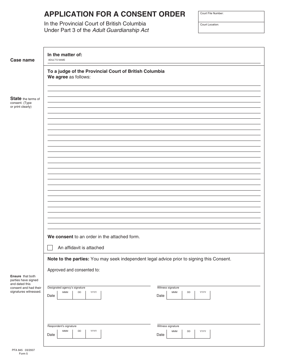 Form PFA845 (AGA Form 5) - Fill Out, Sign Online and Download Fillable ...