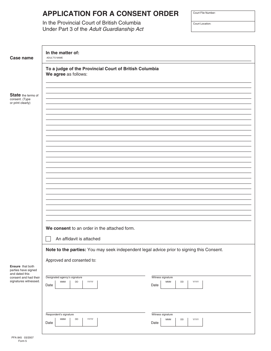 Form PFA845 (AGA Form 5) Application for a Consent Order - British Columbia, Canada, Page 1