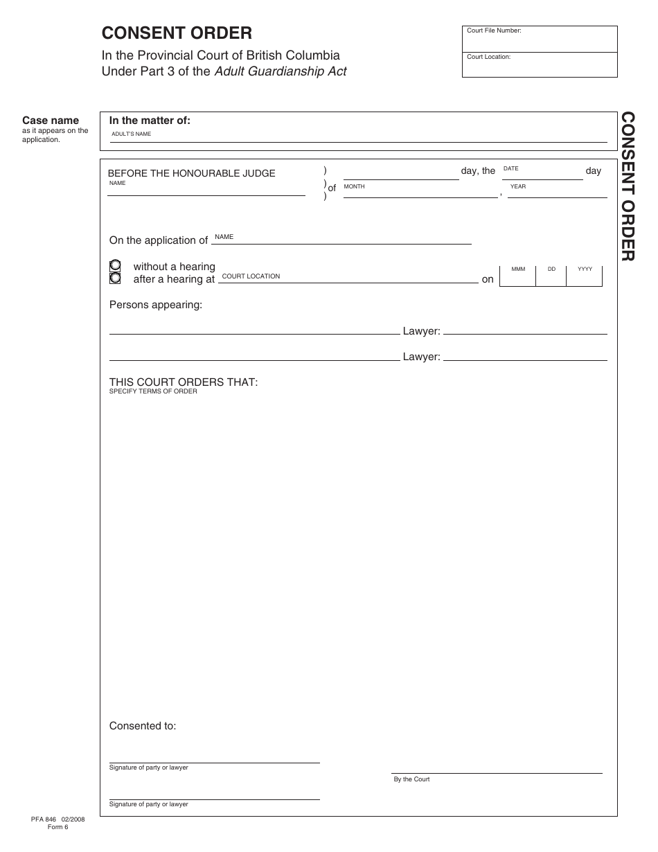 Form PFA846 (AGA Form 6) Consent Order - British Columbia, Canada, Page 1