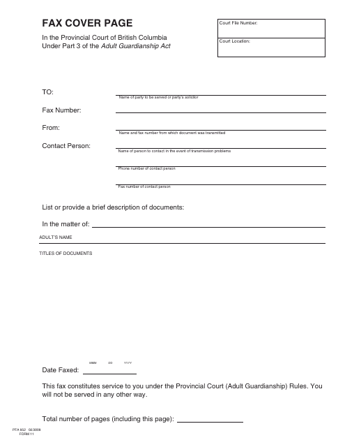 Form PFA852 (AGA Form 11) Fax Cover Page - British Columbia, Canada