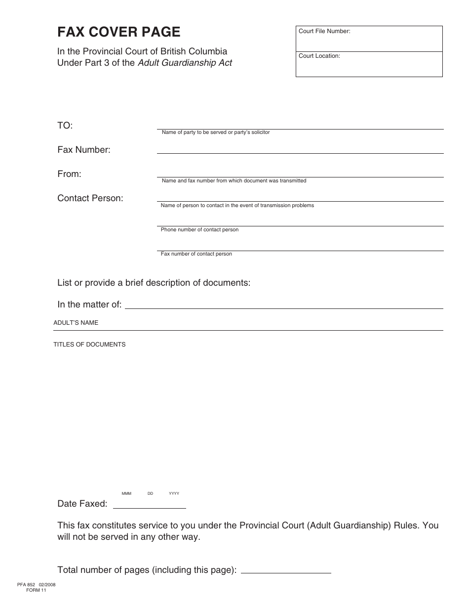 Form PFA852 (AGA Form 11) Fax Cover Page - British Columbia, Canada, Page 1