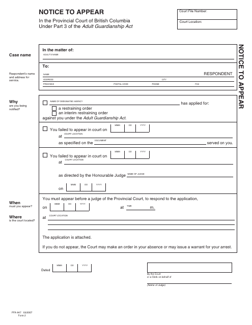Form PFA847 (AGA Form 2) Notice to Appear - British Columbia, Canada