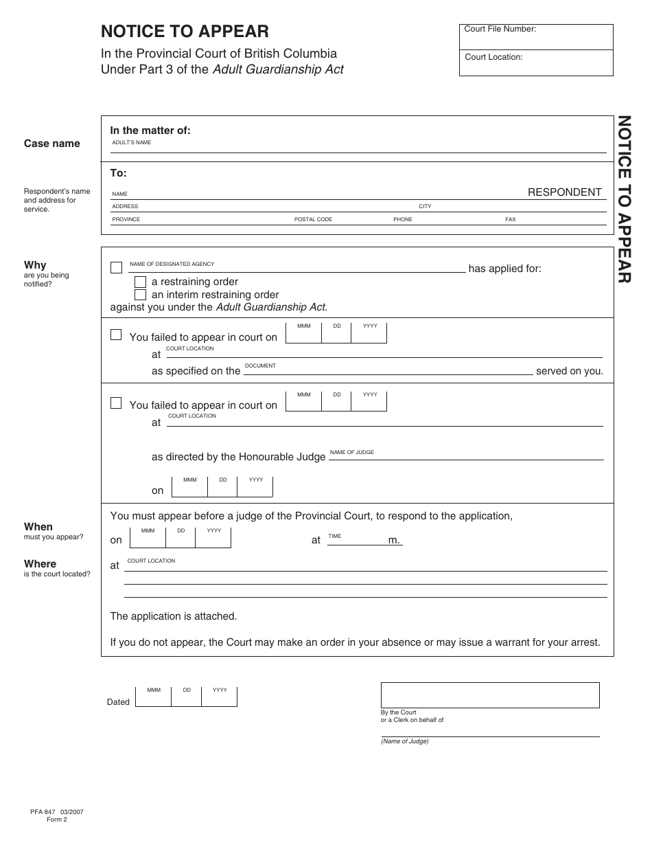Form PFA847 (AGA Form 2) Notice to Appear - British Columbia, Canada, Page 1