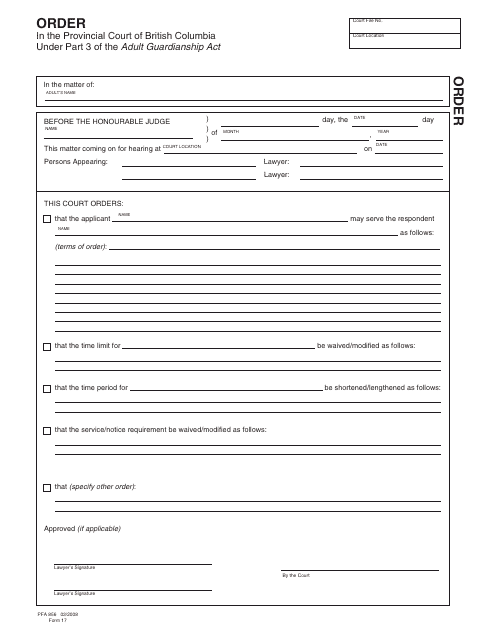 Form PFA856 (AGA Form 17) Order - British Columbia, Canada