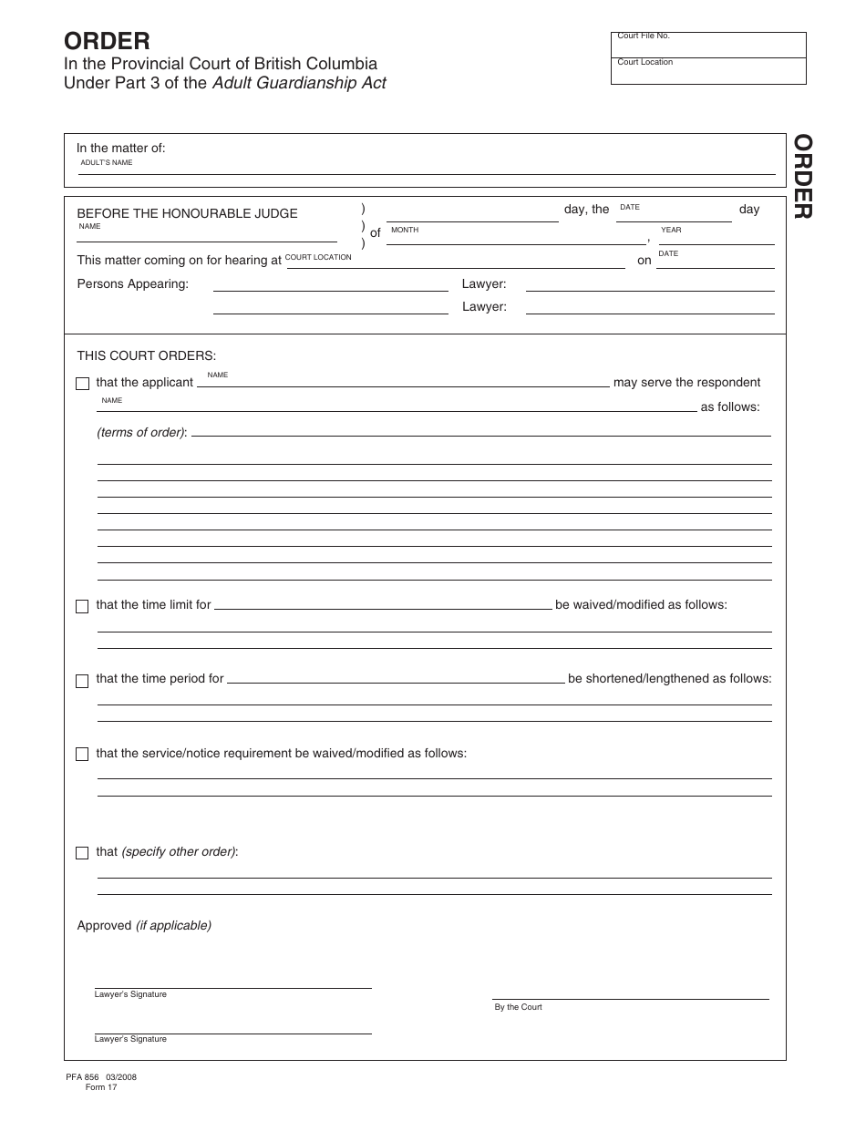 Form PFA856 (AGA Form 17) Order - British Columbia, Canada, Page 1