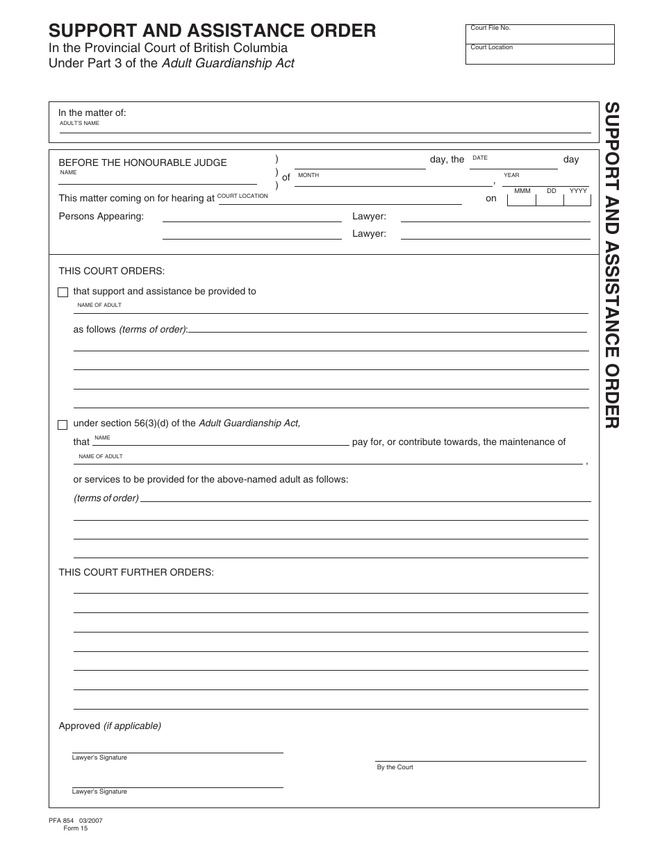 Form PFA854 (AGA Form 15) Support and Assistance Order - British Columbia, Canada, Page 1