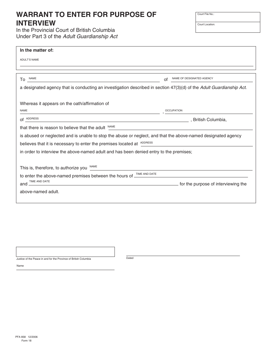 Form PFA858 (AGA Form 18) Warrant to Enter for Purpose of Interview - British Columbia, Canada, Page 1