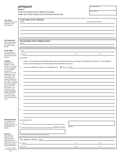 Form PFA899 (CFCSA Form 7) Affidavit - British Columbia, Canada