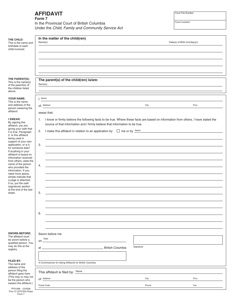 Form PFA899 (CFCSA Form 7) Affidavit - British Columbia, Canada, Page 1