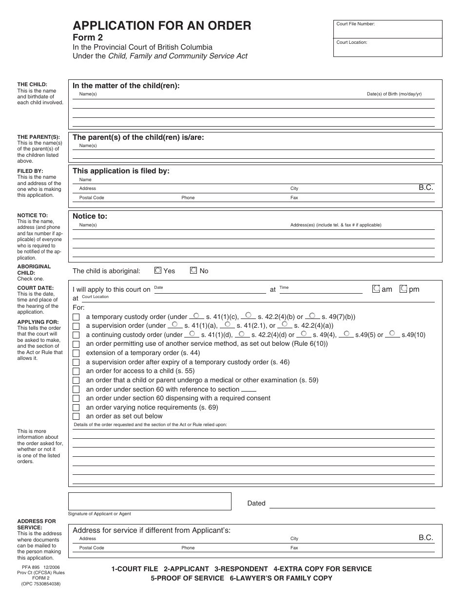 Form PFA895 (CFCSA Form 2) Application for an Order - British Columbia, Canada, Page 3