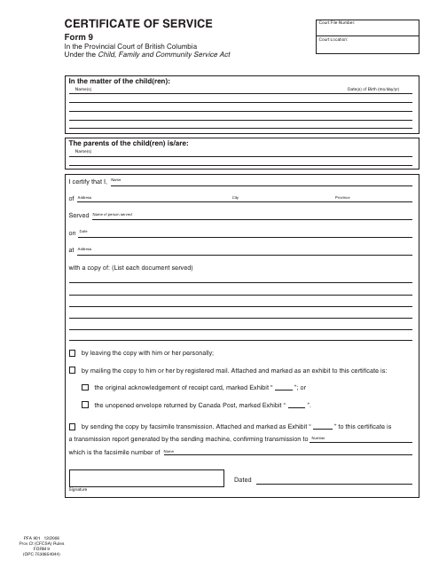 CFCSA Form 9 (PFA901)  Printable Pdf