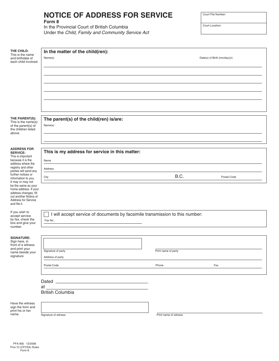 CFCSA Form 8 (PFA900) Notice of Address for Service - British Columbia, Canada, Page 1