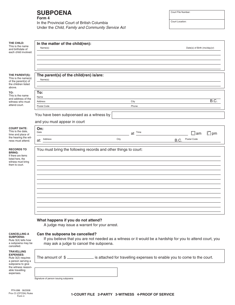 CFCSA Form 4 (PFA896) Subpoena - British Columbia, Canada, Page 3