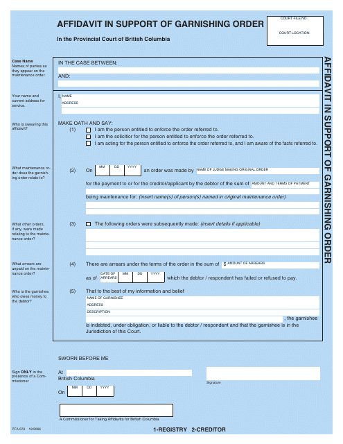 Form PFA078 (COEA Form B) Affidavit in Support of Garnishing Order - British Columbia, Canada