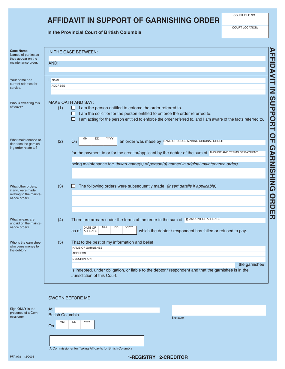 Form PFA078 (COEA Form B) Affidavit in Support of Garnishing Order - British Columbia, Canada, Page 1