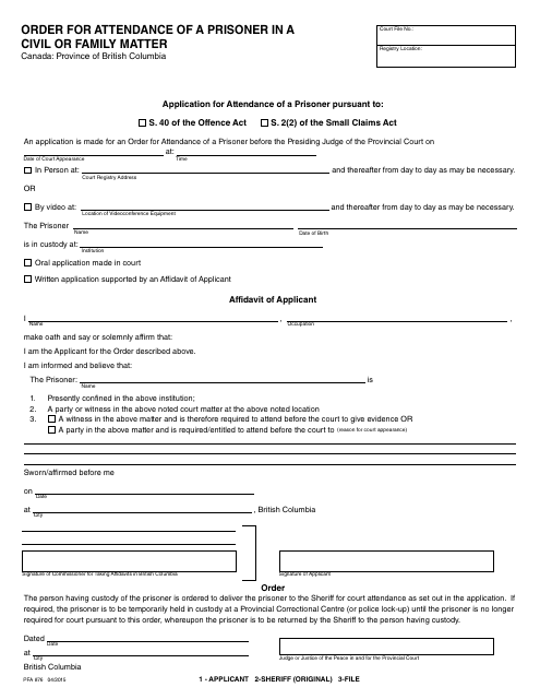 Form PFA876 Order for Attendance of a Prisoner in a Civil or Family Matter - British Columbia, Canada