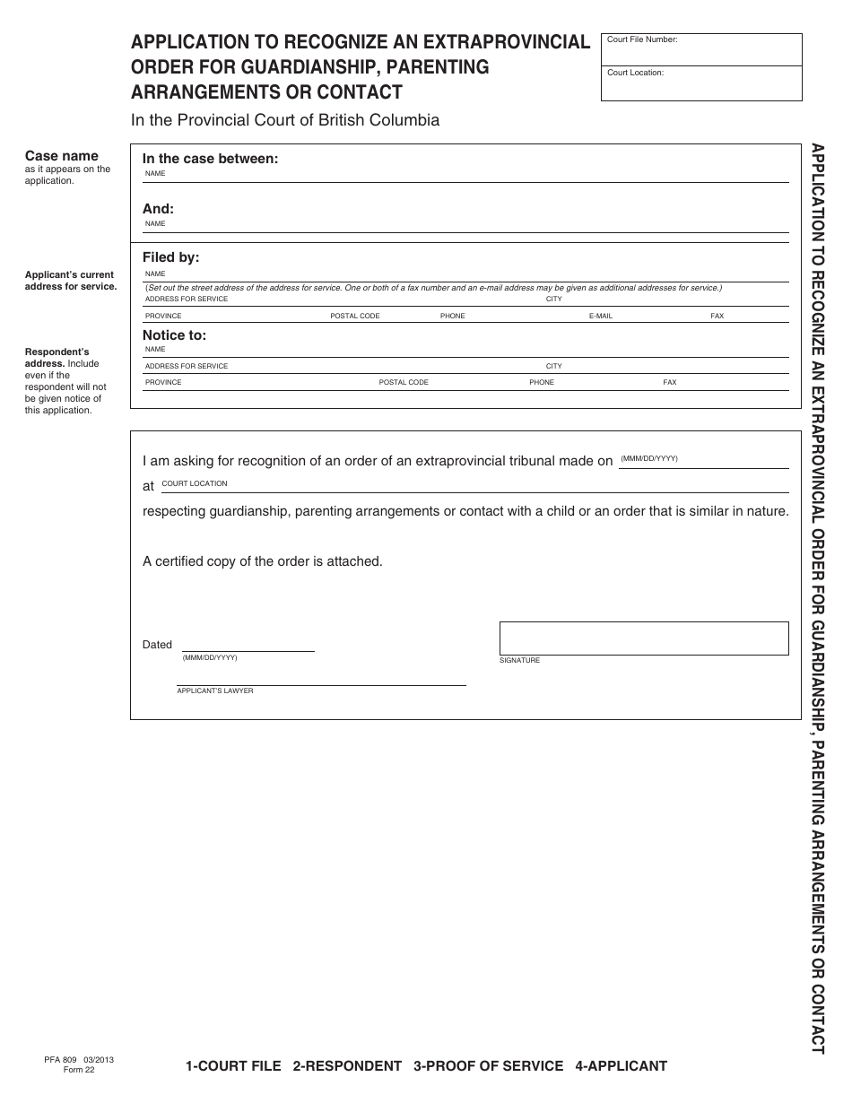 Form PFA809 (PCFR Form 22) Application to Recognize an Extraprovincial Order for Guardianship, Parenting Arrangements or Contact - British Columbia, Canada, Page 3