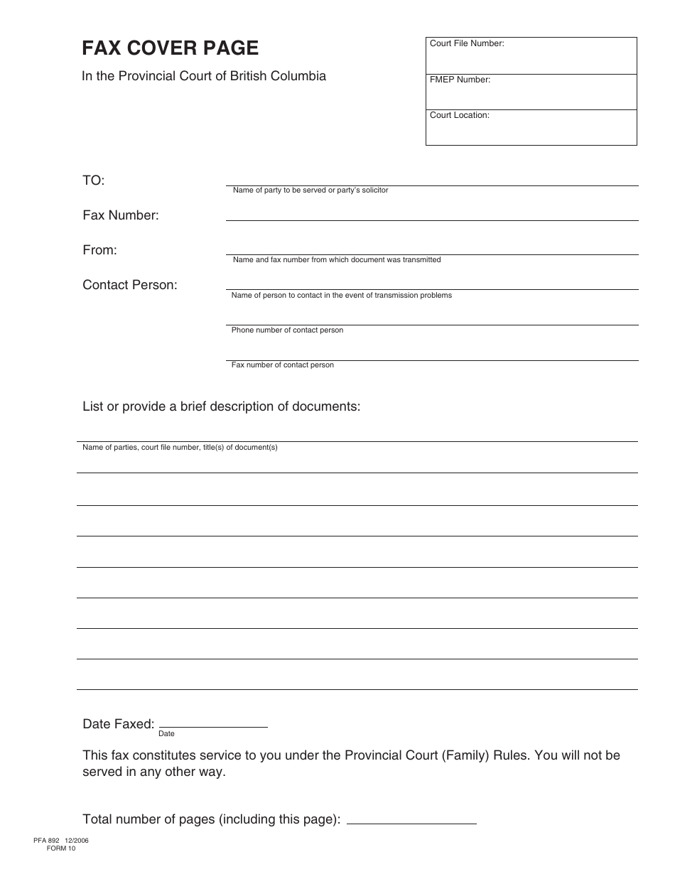 Form PFA892 (PCFR Form 10) Fax Cover Page - British Columbia, Canada, Page 1