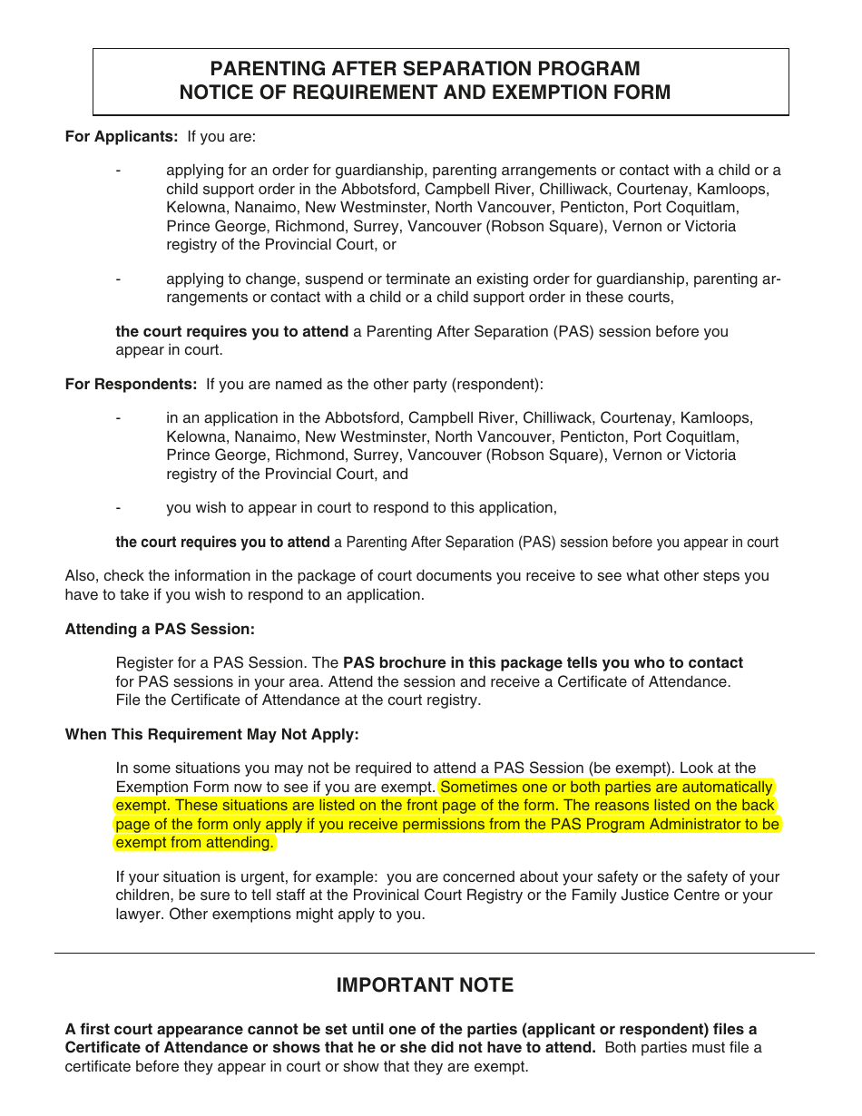 Form PFA869 (PCFR Form 31) Parenting After Separation Exemption Request - British Columbia, Canada, Page 1
