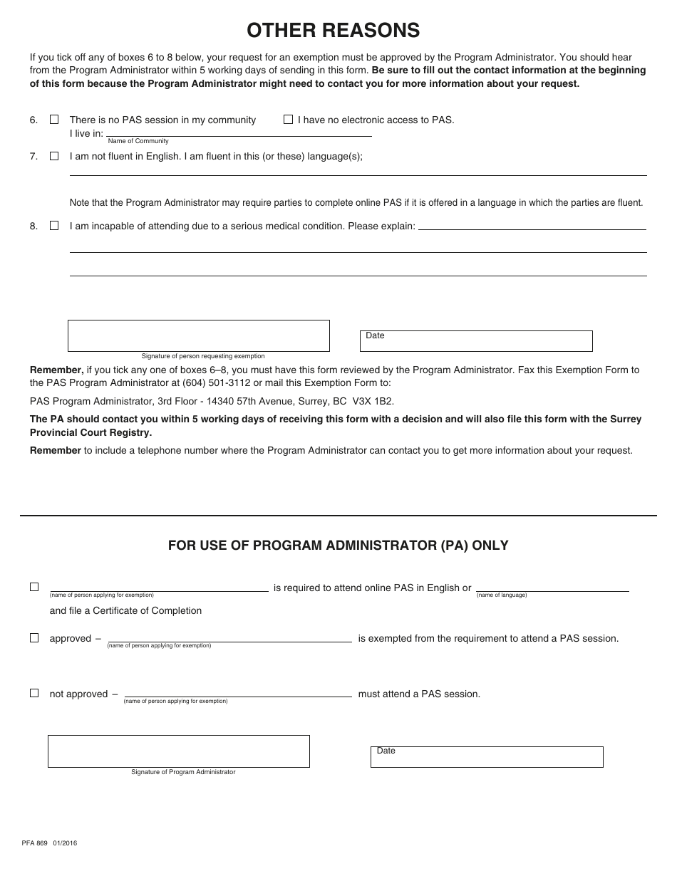 Form PFA869 (PCFR Form 31) Parenting After Separation Exemption Request - British Columbia, Canada, Page 3