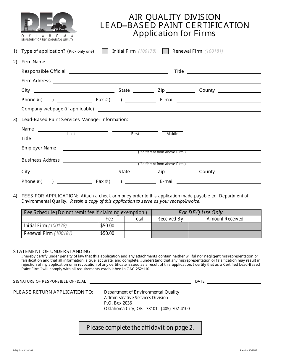 DEQ Form 110-303 Leadbased Paint Certification - Oklahoma, Page 1