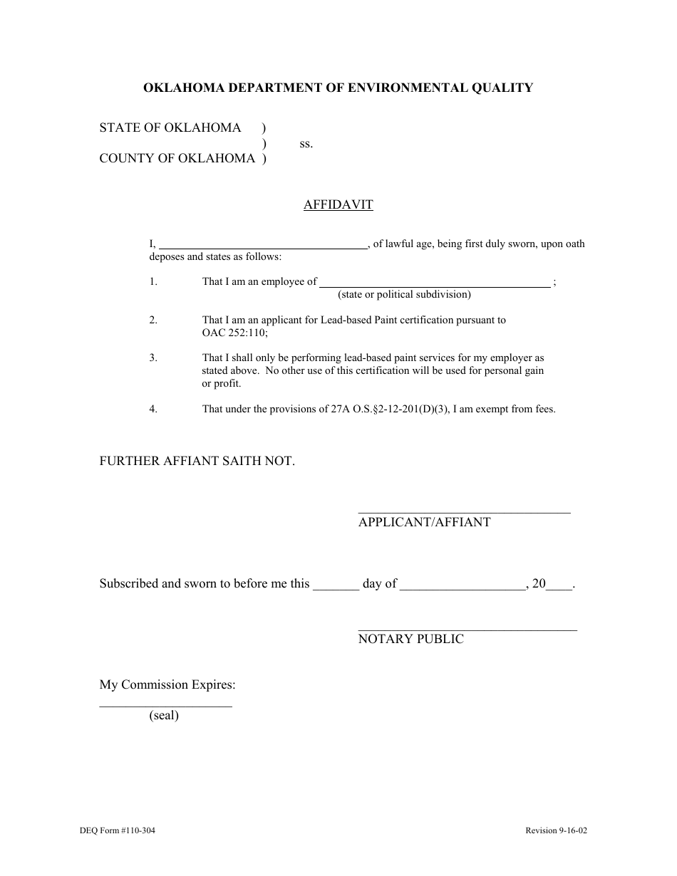 DEQ Form 110-304 Affidavit - Oklahoma, Page 1