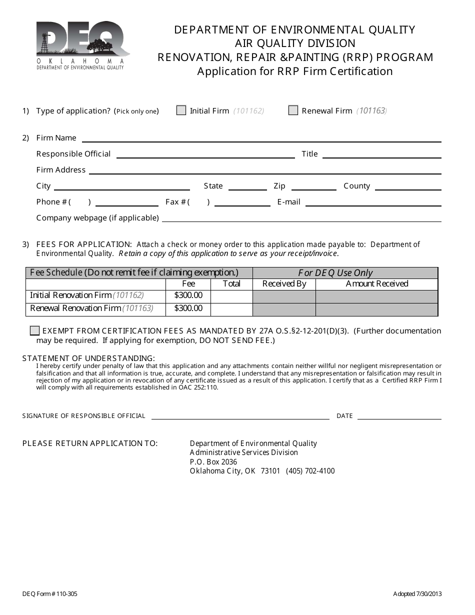 DEQ Form 110-305 Renovation, Repair painting (Rrp) Program Application for Rrp Firm Certification - Oklahoma, Page 1