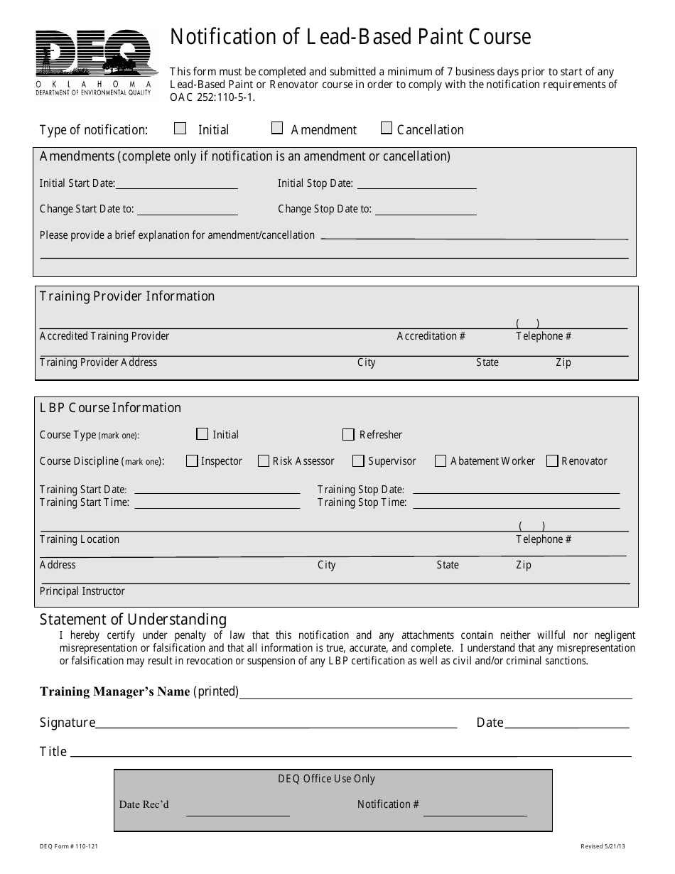 DEQ Form 110-121 Notification of Lead-Based Paint Course - Oklahoma, Page 1